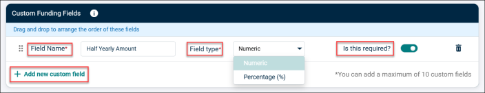 custom funding fields deails